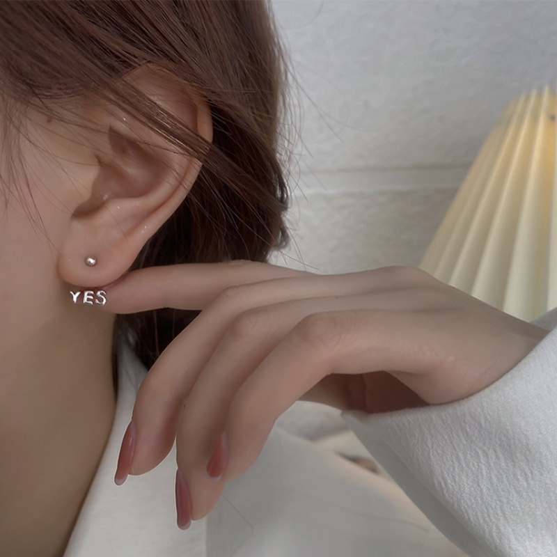 Papaozhu Korea s925 Manik-Manik Perak Ya Tidak Stud Anting Untuk Wanita Gadis Sederhana Fashion Surat Kait Anting-Anting Perhiasan Hadiah