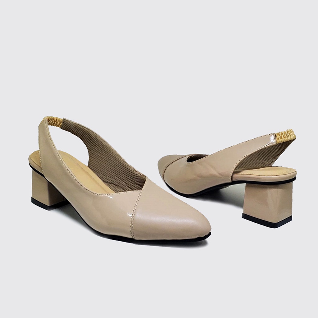 Heels Mules Cream | Sepatu Sandal Wanita (Ukuran Kaki Besar Jumbo) Heel Bustong Pesta Formal Tali Belakang Karet