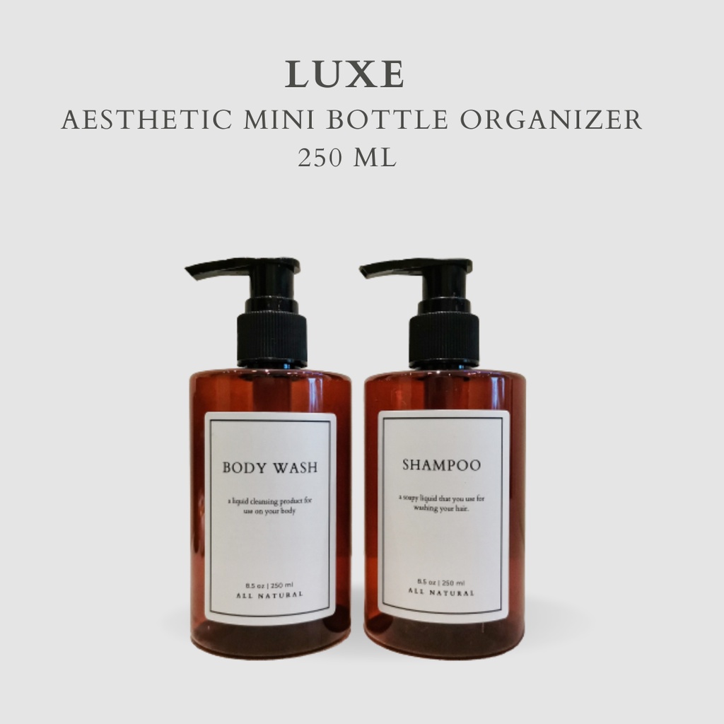 LUXE Botol MINI AMBER Label KOTAK PUTIH 250 ml Aesthetic Bottle Refill | Botol refill sabun /botol refill sabun/ botol isi ulang/botol sabun refill/botol sabun/botol pump/botol anak/bathroom organizer/bathroom amenities