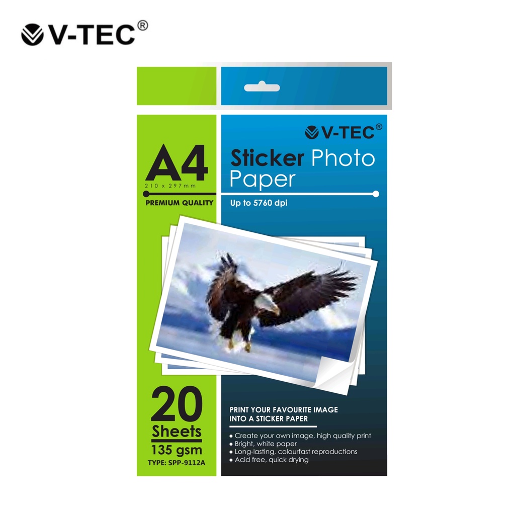 

Kertas Foto Stiker VTEC V-TEC Sticker Photo Paper A4 135 gsm 20 Sheet