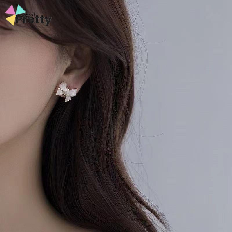 S925 Perak Anting-anting Tulip Lembut Busur Asimetris Bunga Telinga Untuk Wanita Aksesori Anak Perempuan - PD