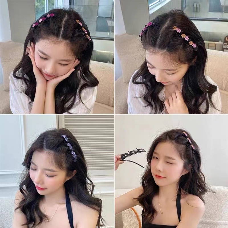 Aksesoris Jepit Rambut Model Lapis Ganda Motif Bunga Aksen Kristal Berlian Untuk Wanita