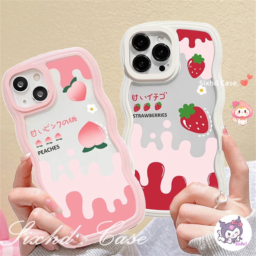OPPO A57 A77s A76 A96 A55 A16K A15 A16 A74 A54 A53 A33 A32 A31 A9 A5 A5s Reno 8T 8Z 7Z 6Z 5Z 5 A95 A94 A93 A92 A77 A52 F9 Cute Fruit Strawberry Peach Cartoon  Wave Frame Phone Case Soft Silicon Anti falling Dust-proof Cover