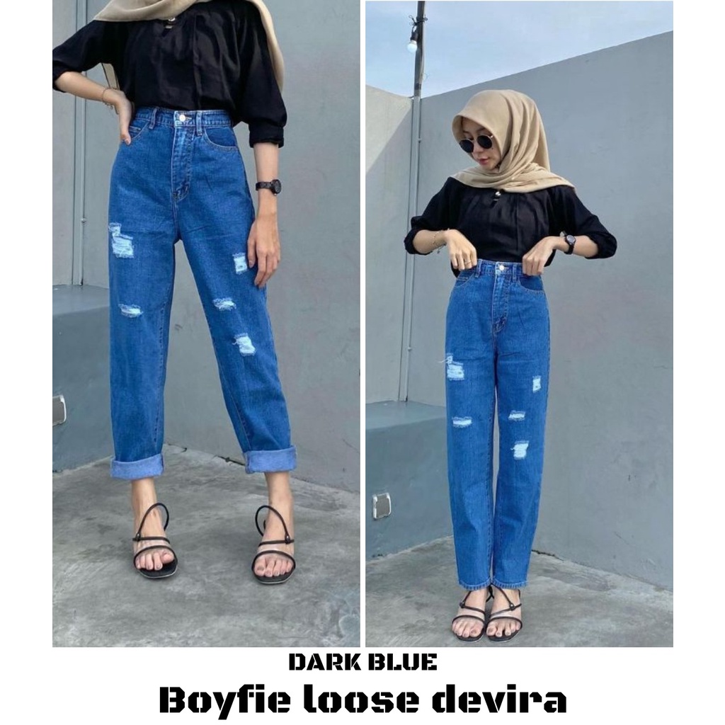 YAOSHI- Celana Jeans Wanita Pinggang Tinggi Devira Boyfie Loose Devira Premium