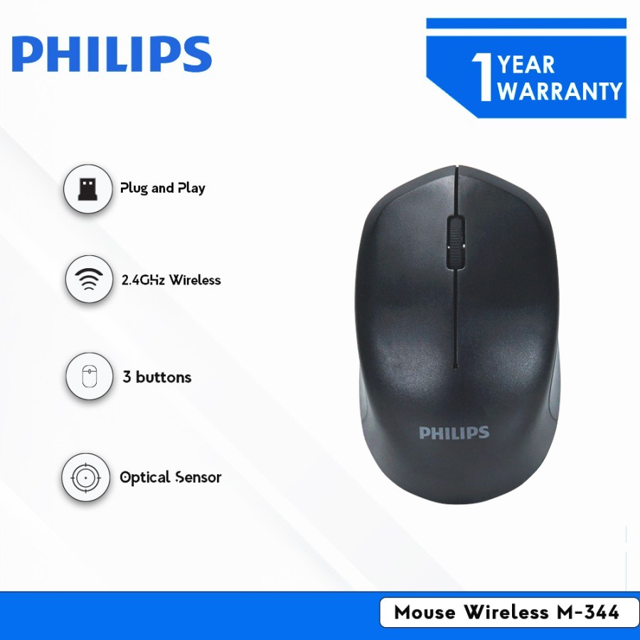 Mouse Philips M-344 Wireless 1600DPI Ergonomic Design - PHILIPS M344