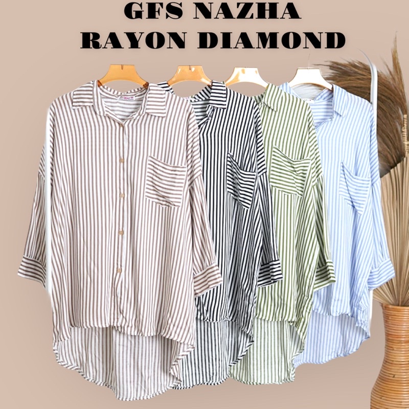 Tq88indonesia Fashion Baju Kemeja Wanita Lengan Panjang Terbaru / NAZHA OVERSIZE SHIRT RAYON DIAMOND / Kem Salur / Hem Stripe /