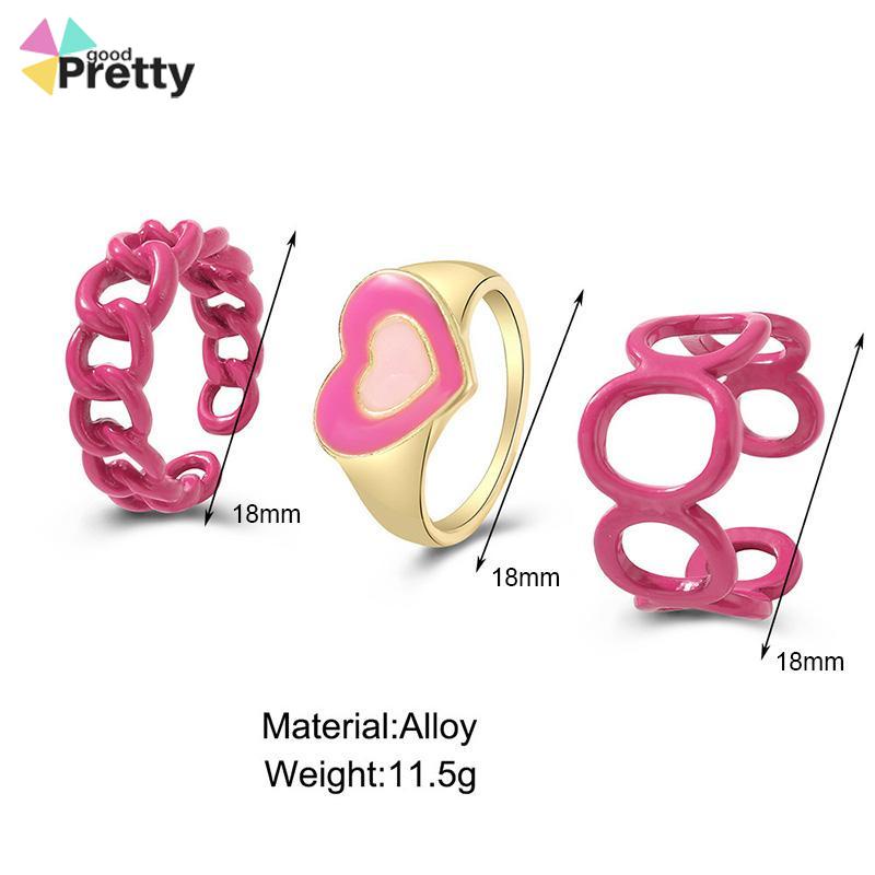 3PCS Heart Geometry Rings Cincin Geometri Jantung Cincin Mode Menetes Minyak yang Dapat Disesuaikan untuk Aksesoris Perhiasan Wanita - PD - PD