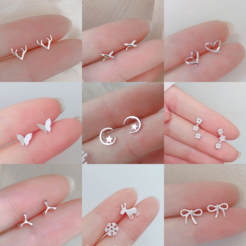 Roselife Anting Tusuk Silver S925 Gaya Korea Bentuk Geometri Clover / Hati / Bulan / Bintang / Butterfly Untuk Wanita