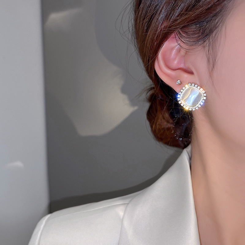 Anting Stud Zircon Opal Bentuk Persegi Bahan S925 Silver Gaya Retro Untuk Wanita