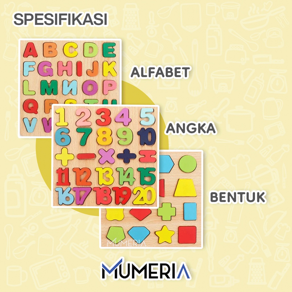 Jigsaw Wooden Chunky Mainan Balok Puzzle Belajar Edukasi Anak Kayu 3D Mengenal Huruf ABC Angka dan Bentuk Abjad Alphabet Murah Bagus