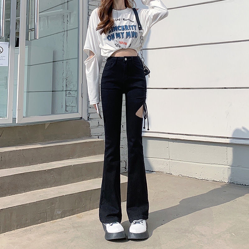 Suhao Rasa Desain Bertali Celana Jeans Robek Wanita Musim Panas 2022 Baru Pinggang Tinggi Pelangsing Kaki Lebar Wanita Mikro Berkobar Horseshoe celana