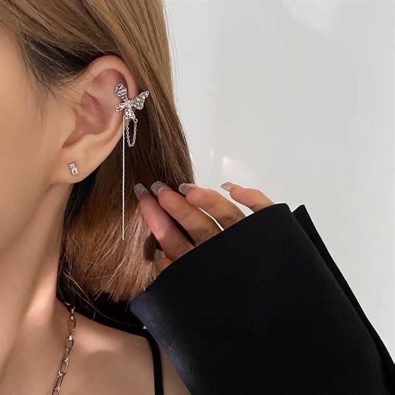 Papaozhu 2 Pcs Asimetris S925 Perak Panjang Rumbai Rantai Kupu-Kupu Klip Anting Untuk Wanita Perempuan Elegan Kubus Zirkon Telinga Giwang Chic Cuff Earrings Fashion Perhiasan Telinga