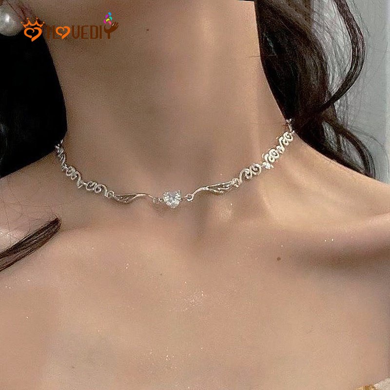 Kalung Rantai Klavikula Hias Kristal Zircon Berlian Imitasi Bentuk Hati Sayap Malaikat Gaya Korea Untuk Wanita