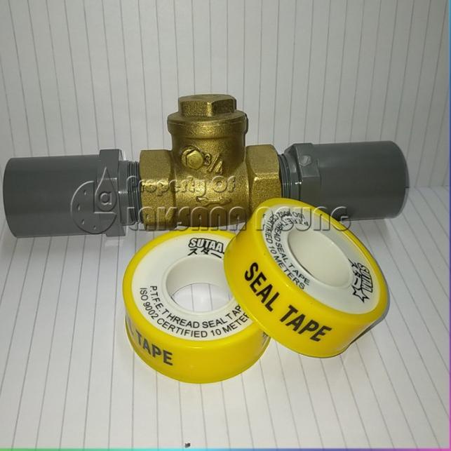 Klep tabok 3/4 inch kuningan + Sok drat luar Rucika + Seal tape