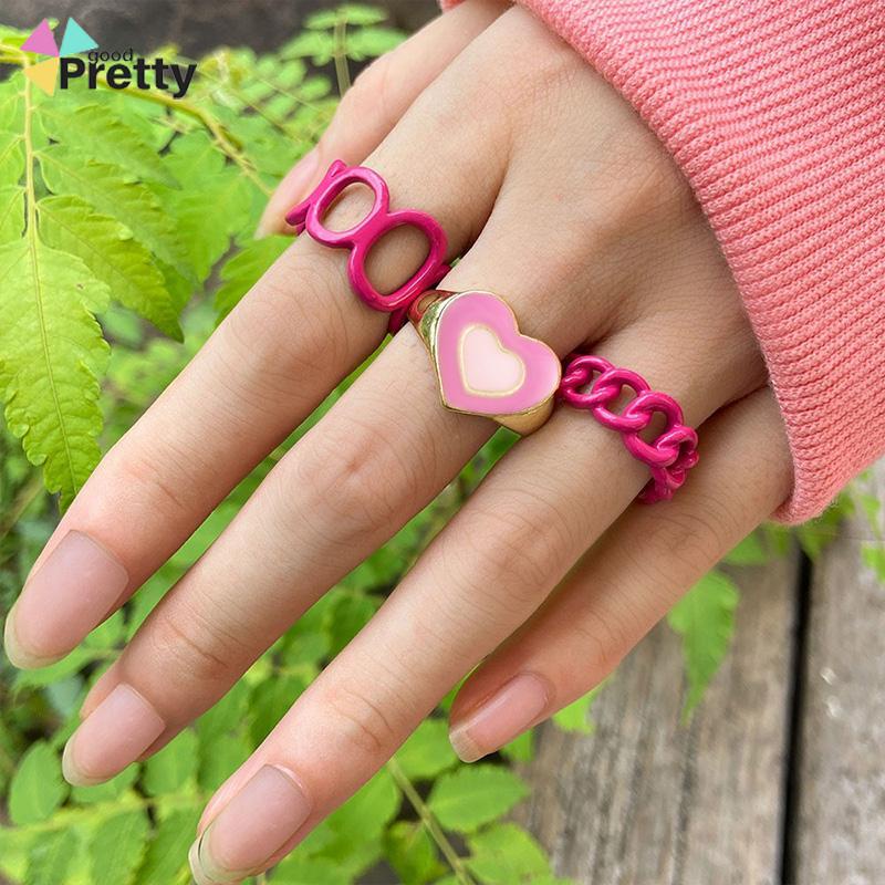 3PCS Heart Geometry Rings Cincin Geometri Jantung Cincin Mode Menetes Minyak yang Dapat Disesuaikan untuk Aksesoris Perhiasan Wanita - PD - PD