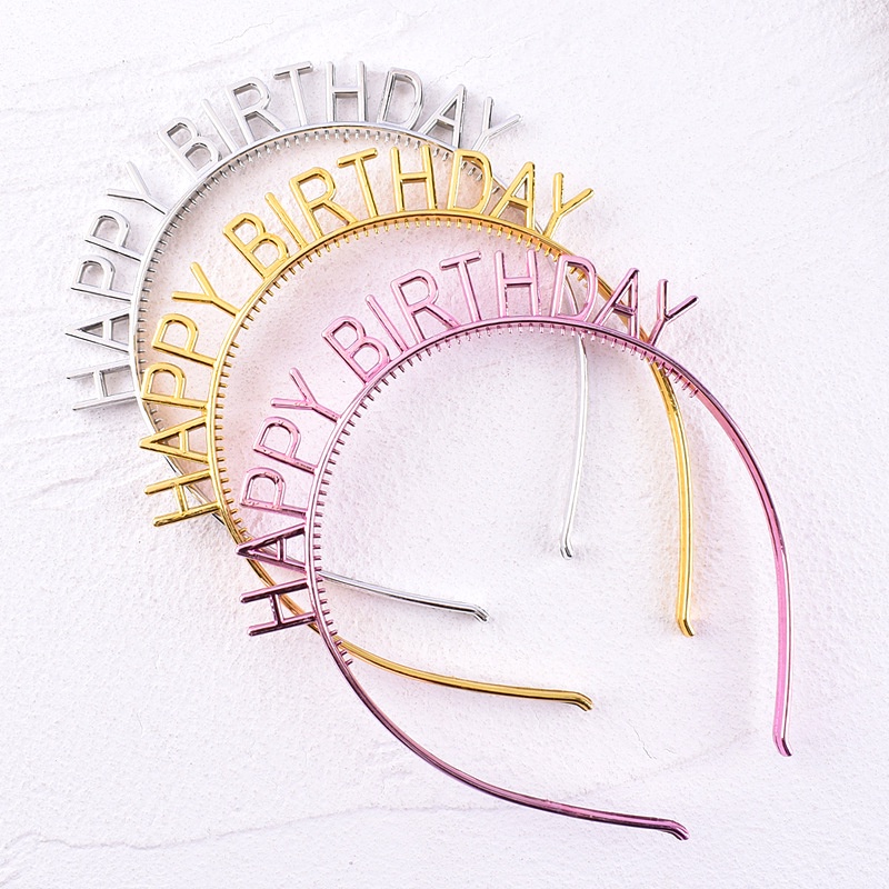 Bando Happy Birthday Jepit Rambut Bentuk Mahkota Tulisan Warna Rose Gold Silver Untuk Dekorasi Pesta Ulang Tahun ikat kepala