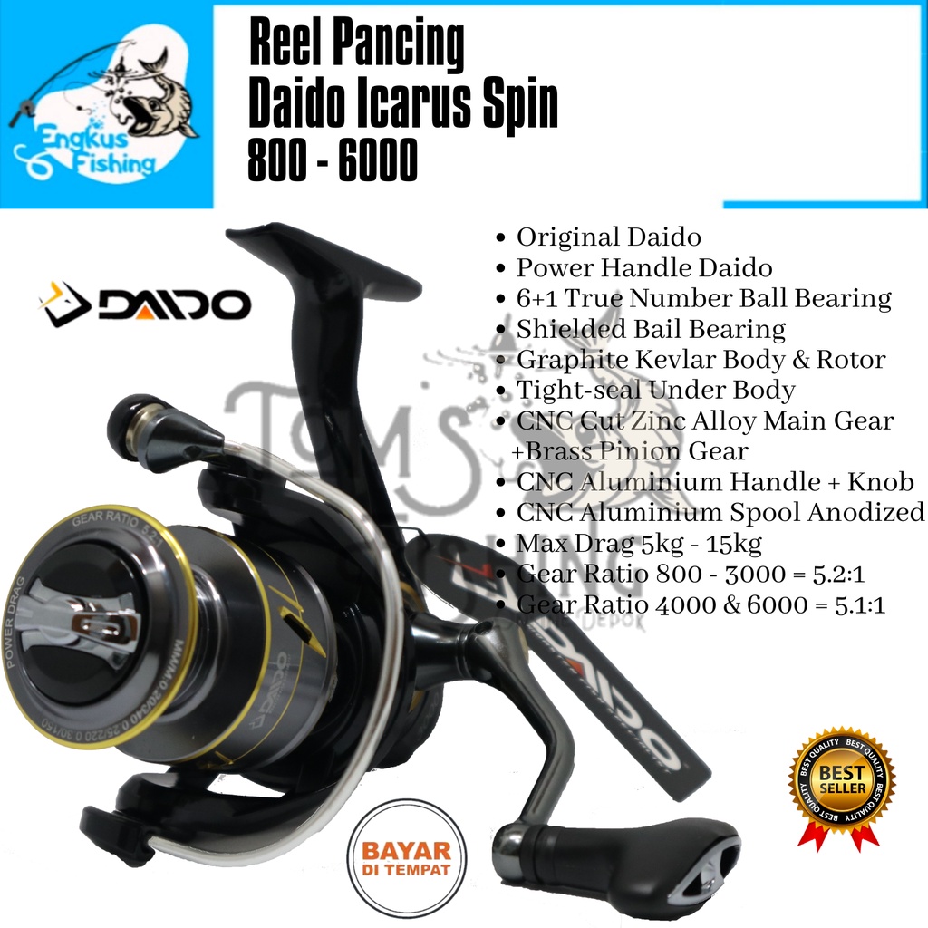 Reel Pancing Daido Icarus Spin 800 - 6000 (6+1 Bearing) Power Handle Full Seal Bearing -  Engkus Fishing