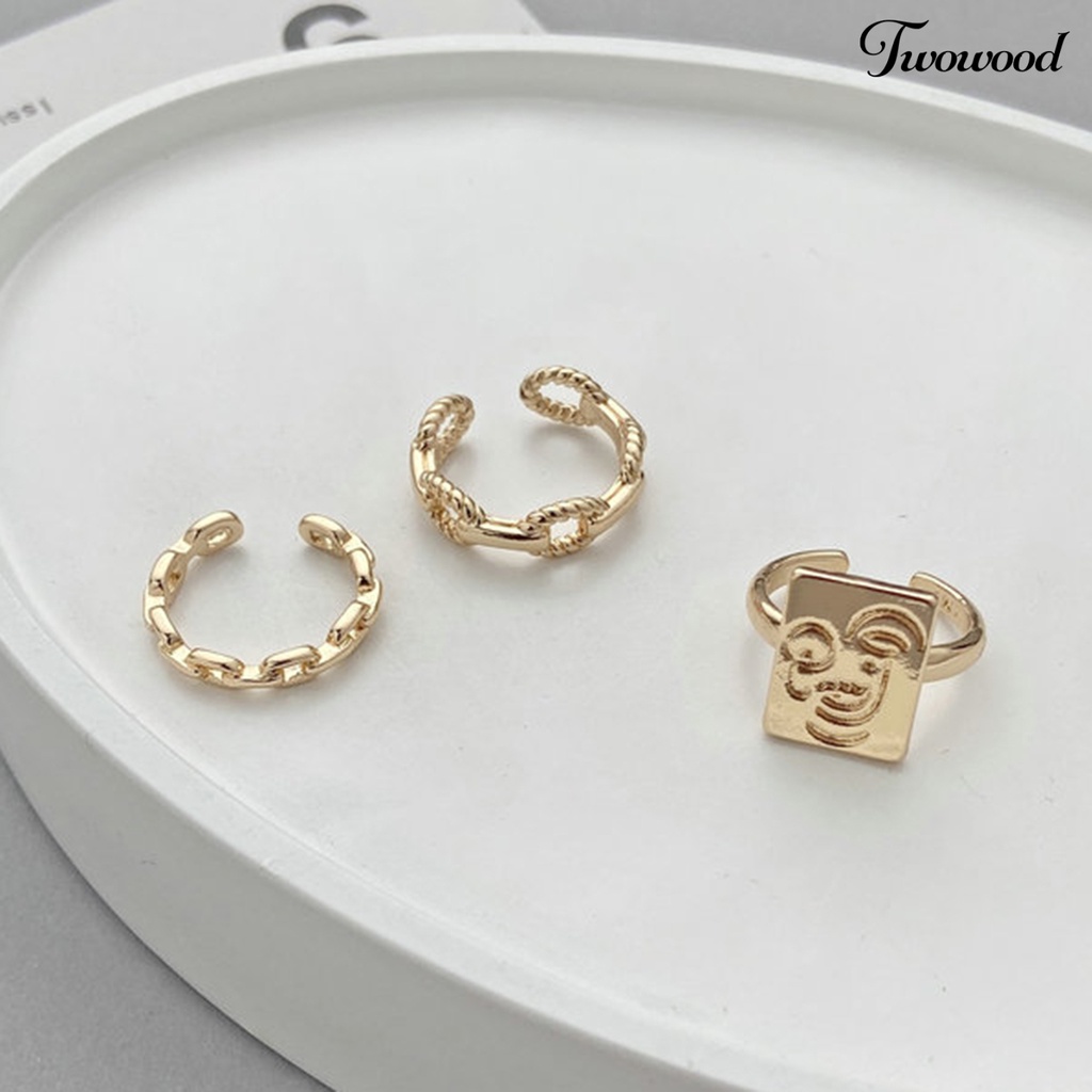 3pcs Cincin Model Rantai Twisted Terbuka Adjustable Motif Wajah Tersenyum Untuk Wanita