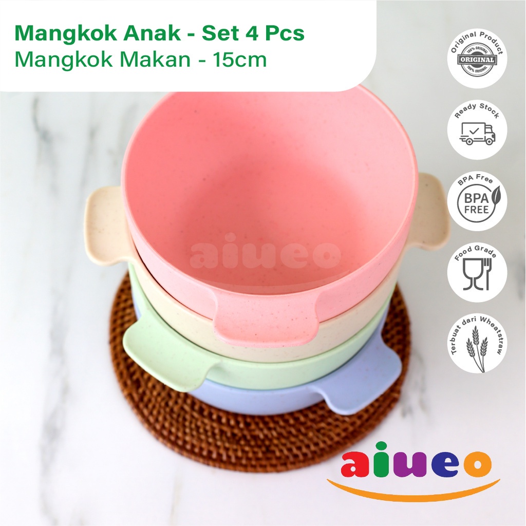 AIUEO | Set 4 Pcs Mangkok Anak Sereal 11.5cm Wheat Straw Mangkuk Makan Wheatstraw Microwave Warna Warni Aesthetic Estetik Plastik