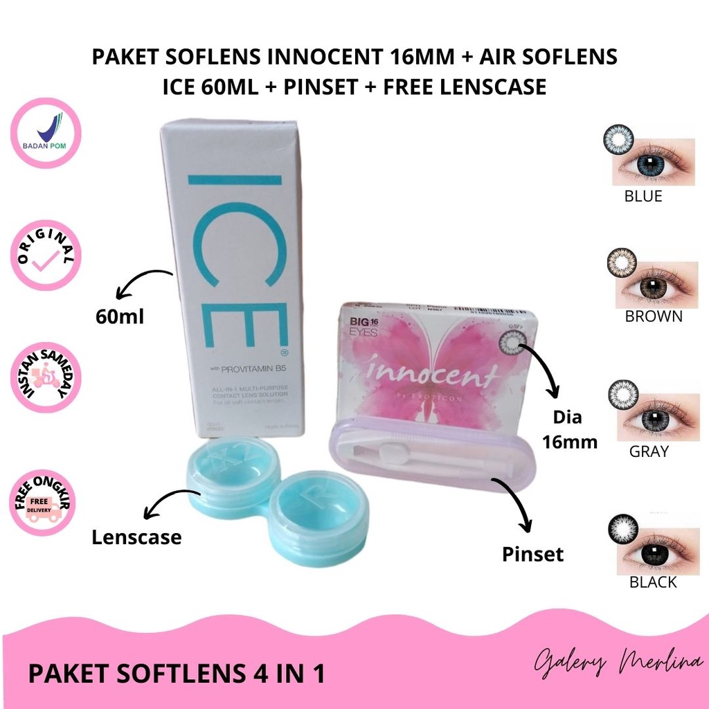 [4IN1] PAKET HEMAT LENGKAP SOFTLENS INNOCENT DIA 16MM NORMAL DAN MINUS -0.50 S/D -6.00 + CAIRAN ICE 