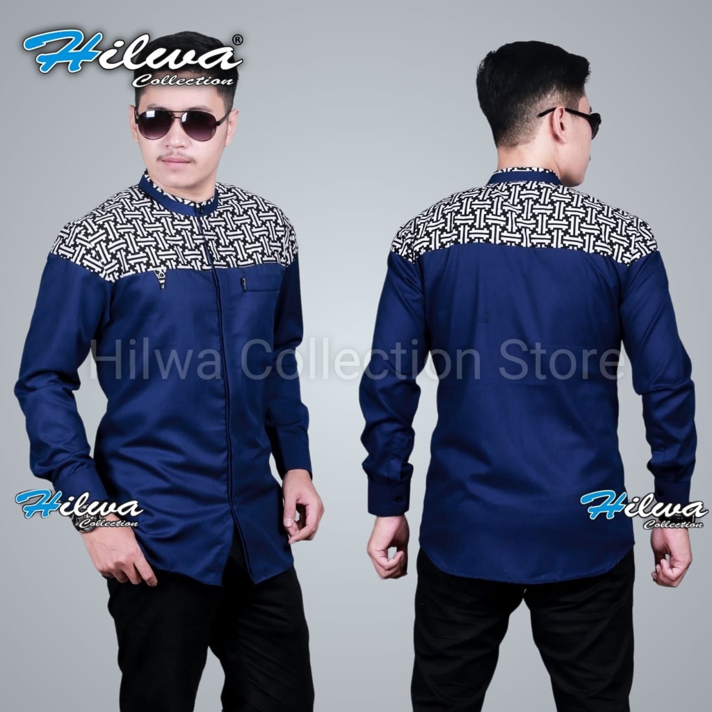 Baju Koko Pria Kombinasi Batik Lengan Panjang Fashion Muslim Motif Falcon Warna Biru Navy Ukuran S M