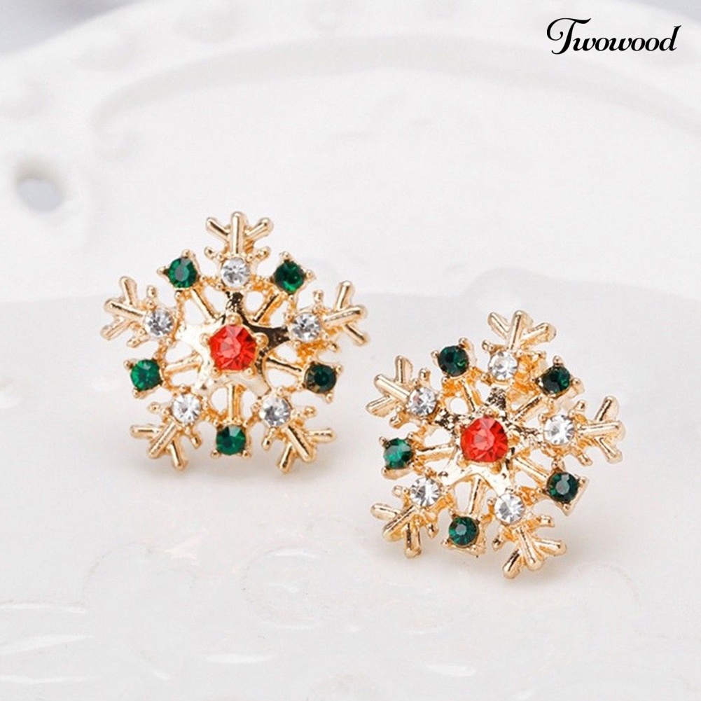 Anting Stud Desain Snowflake Natal Aksen Berlian Imitasi Untuk Wanita