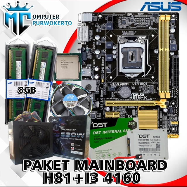 Paket Mainboard Intel h81 + Core i3 + Fan + Ram + PSU + SSD Siap pakai