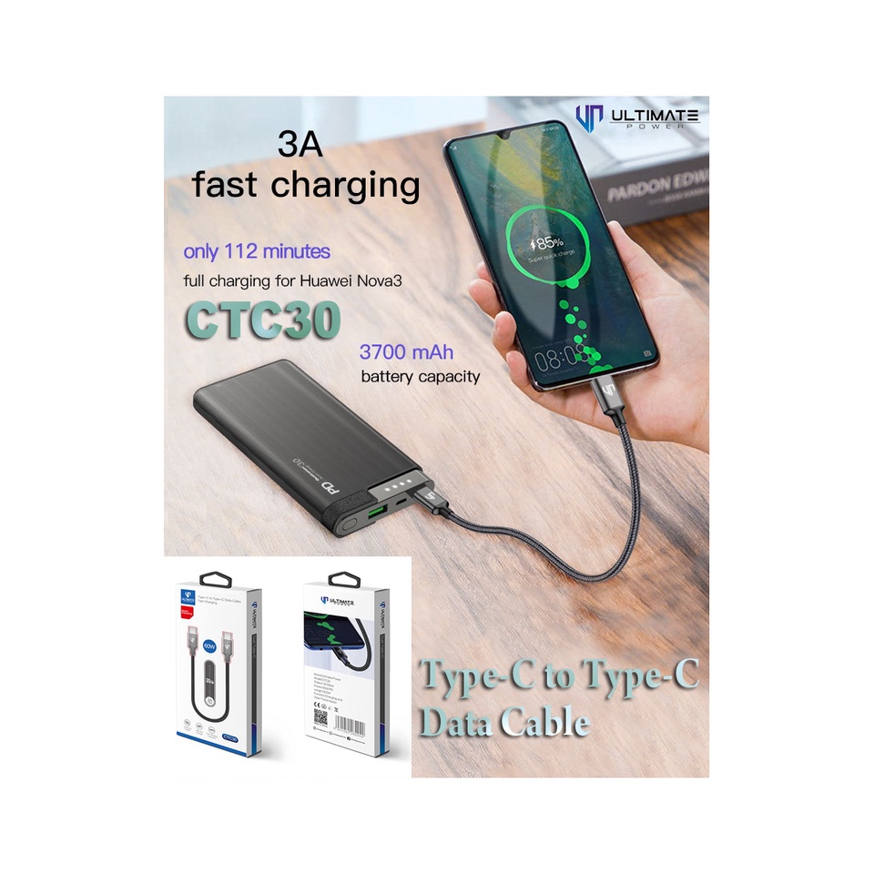 Kabel Power Bank USB Type C to USB Type C 60W 30CM Fast Charging Ultimate Power Original