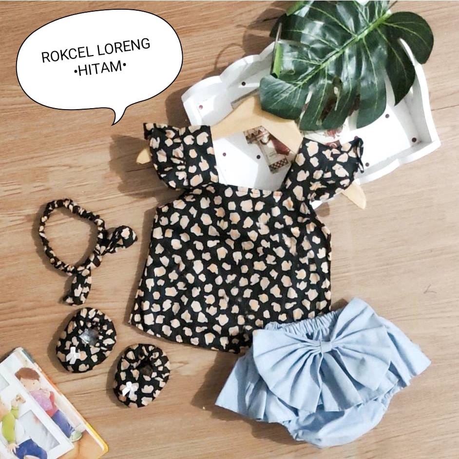 Setelan Baju Anak Bayi Perempuan Atasan Dan Rok Celana Motif Love Polka Free Sepatu Dan Headband Allsize