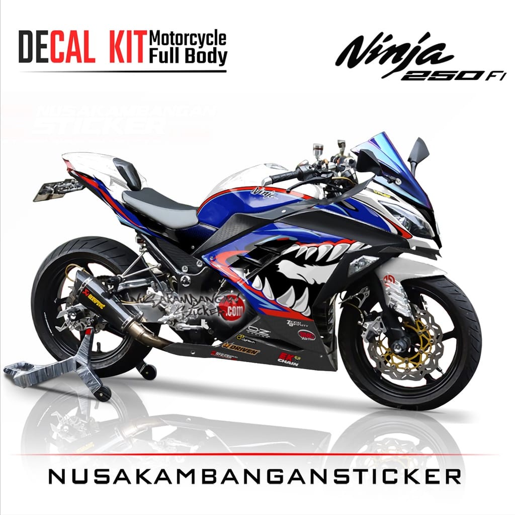 STIKER DECAL SEPEDA MOTOR KAWASAKI NINJA 250 FI FULL BODY SHARK BIRU PUTIH GRAFIS RACING TEAM STICKE