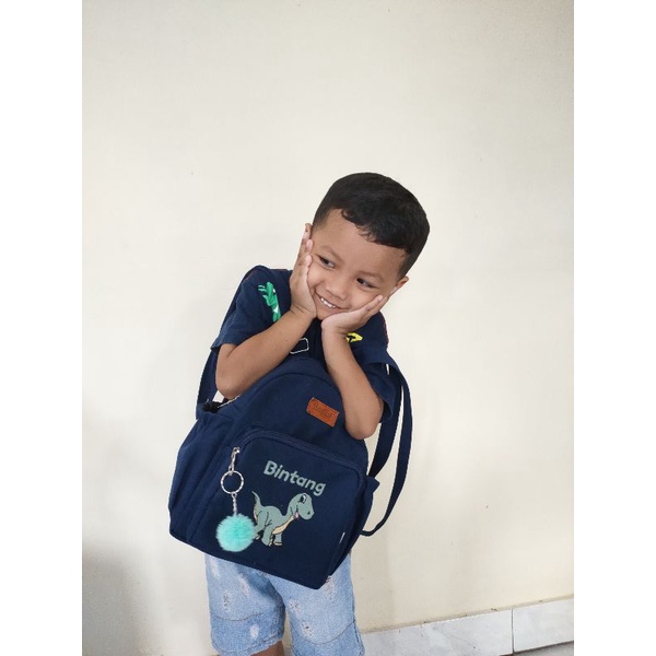 (Backpack Anak Kids) Baglist Navy Biru Dongker tas ransel custom bordir nama gambar paud tk sekolah dino gajah