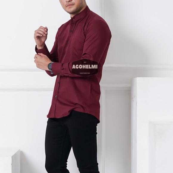 Kemeja Lengan Panjang Pria Merah Maroon Kerah Shanghai Polos Slimfit - Maroon, L
