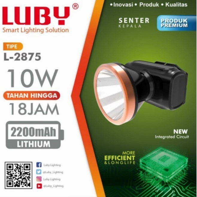 COD Senter Kepala LED Luby 10 Watt L-2875 Headlamp Putih Charger Original