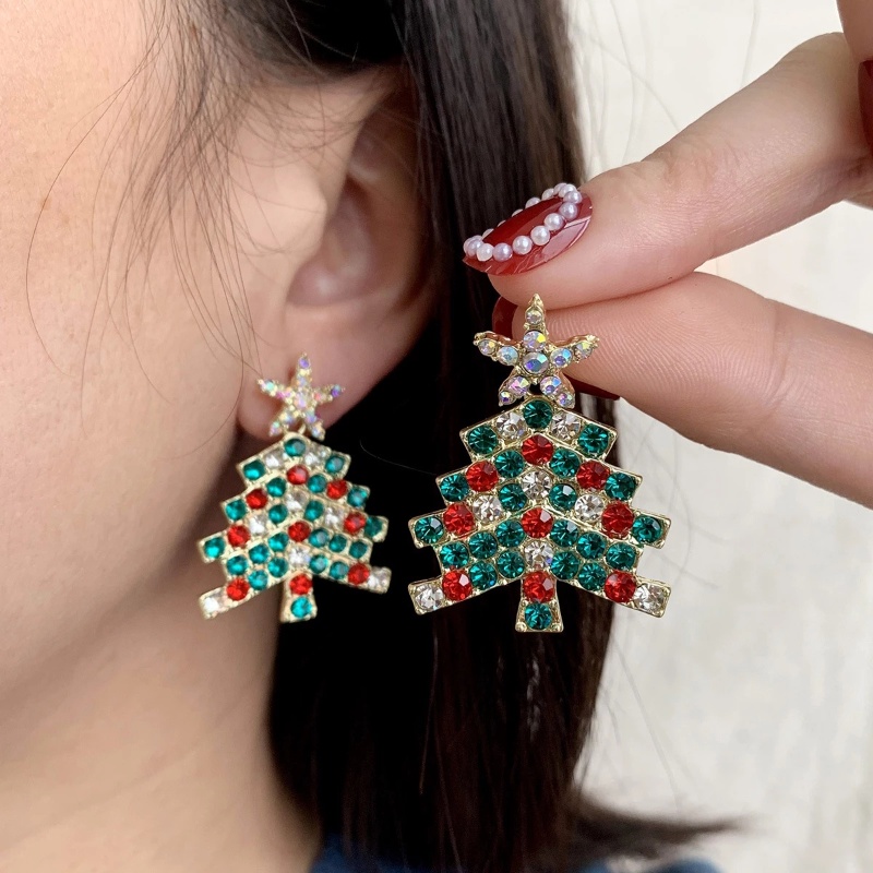 1 Pasang Anting Bentuk Pohon Natal Aksen Kristal Berlian Imitasi Bahan Zirkon Warna-Warni Untuk Wanita