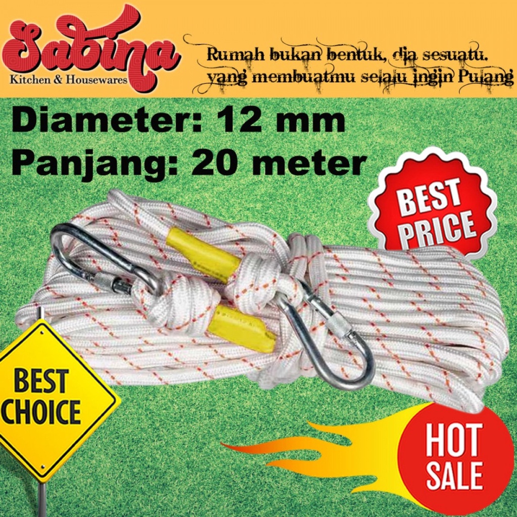 Tali Panjat Tebing Paracord Tenda Climbing Rope Steel Buckle 12mm 20M