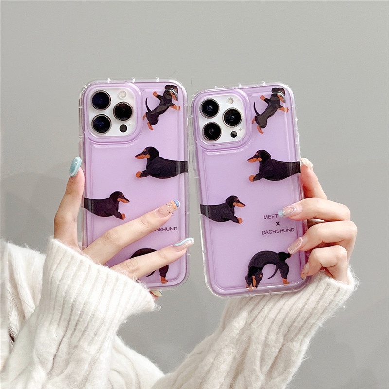 Casing Soft Case TPU Transparan Motif dachshund Ungu Untuk IPhone 14 13 12 11 Pro Max Plus