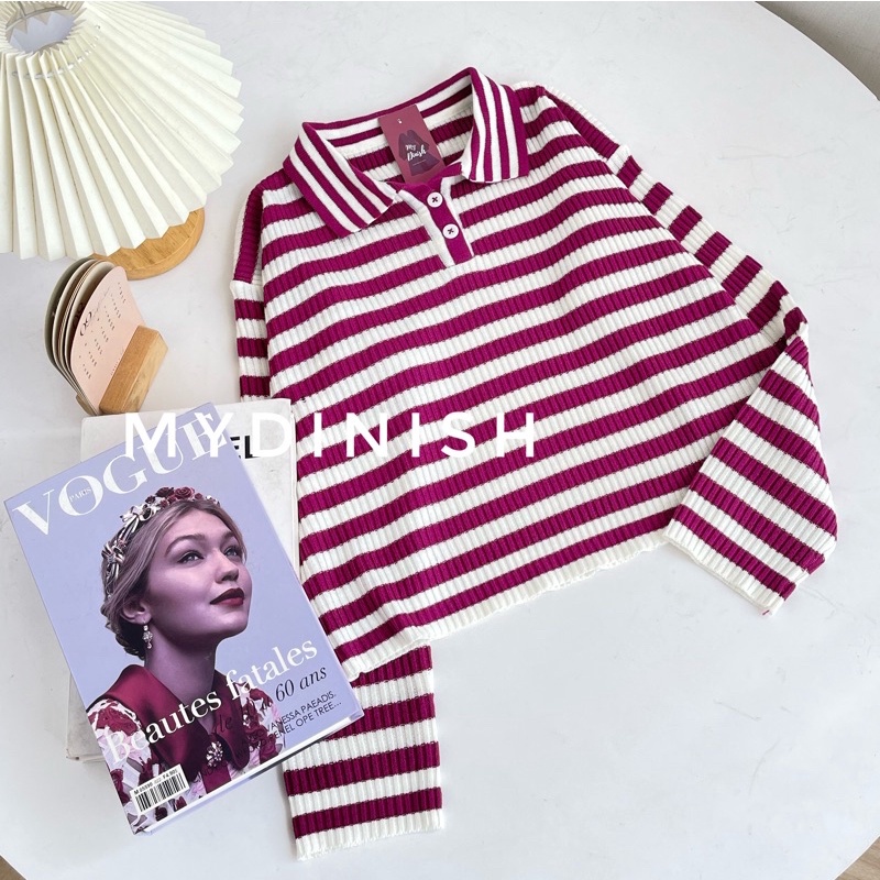 [BISA COD] Freya Crop Blouse / Atasan Blouse Wanita Berkerah Polo Motif Stripe / Freya Polo Oversize