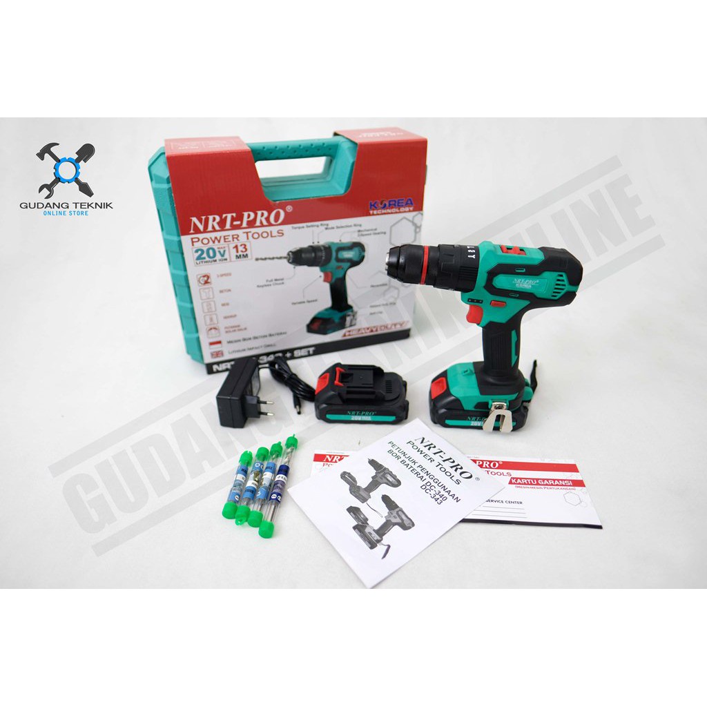 Mesin Bor Tangan 13mm BATERAI 20V DC343 SET NRT PRO / Bor CORDLESS Drill 13mm 20 Volt DC 343 SET NRT PRO