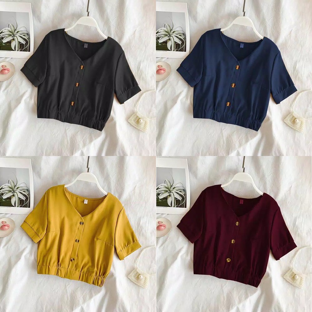 MakeGrosir - KOREAN CROP TOP BLOUSE KANCING MOSCREPE | ATASAN WANITA LENGAN PENDEK