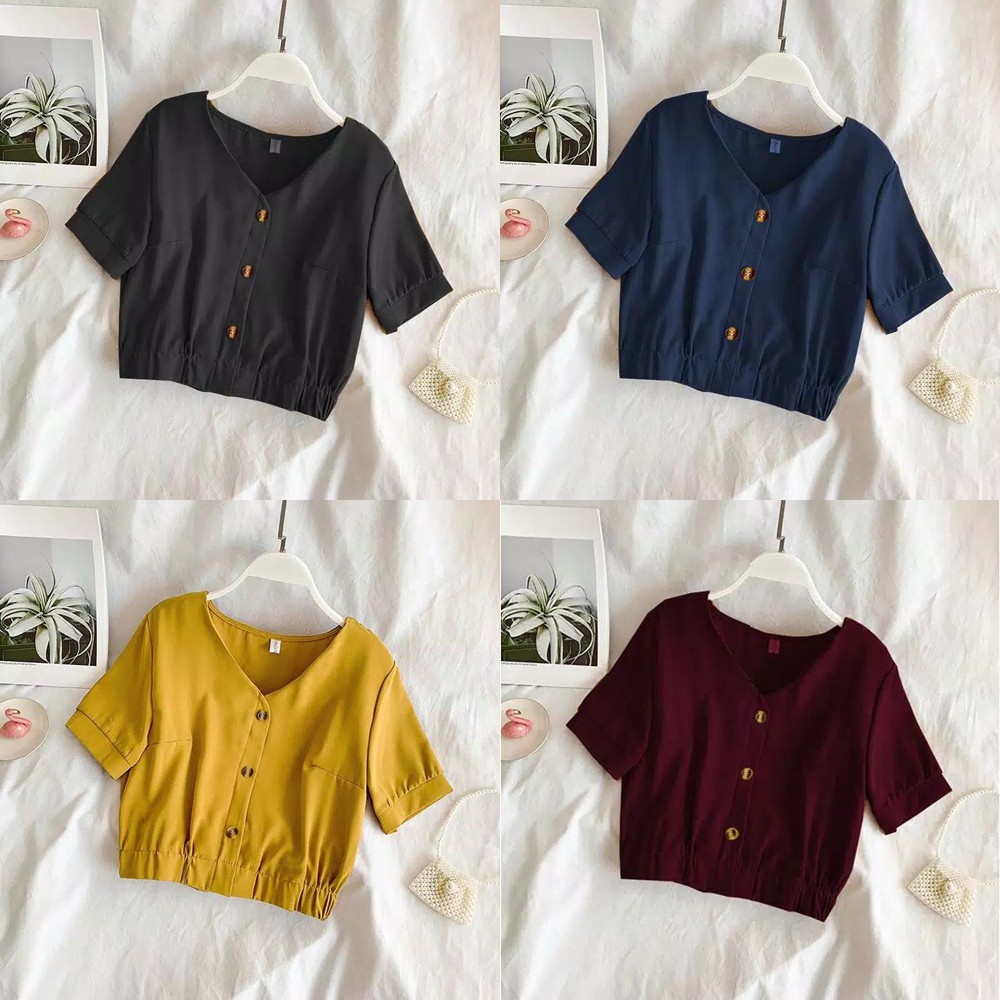 MakeGrosir - KOREAN CROP TOP BLOUSE KANCING MOSCREPE | ATASAN WANITA LENGAN PENDEK