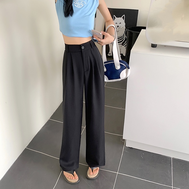 High Waist Drape Simple Longgar Lurus Kasual Celana Untuk Wanita 3 Warna