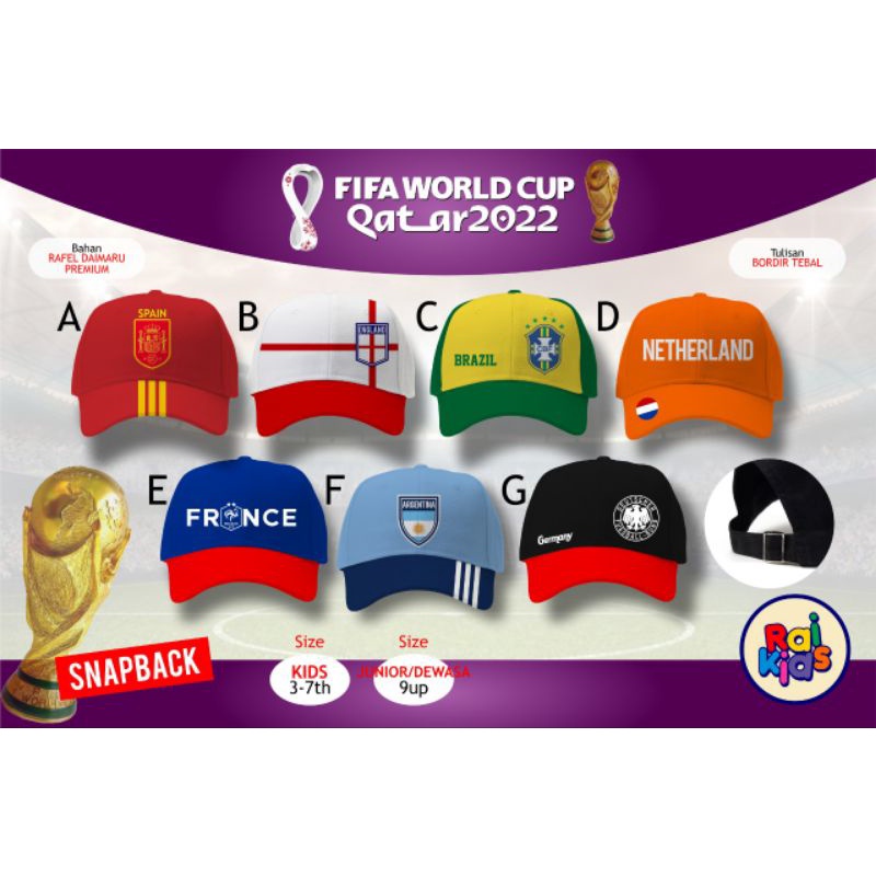 TOPI SNAPBACK WORLD CUP / TOPI PIALA DUNIA RAIKIDS / TOPI FIFA WORLD CUP RAI KIDS  SIZE KIDS DAN JUNIOR