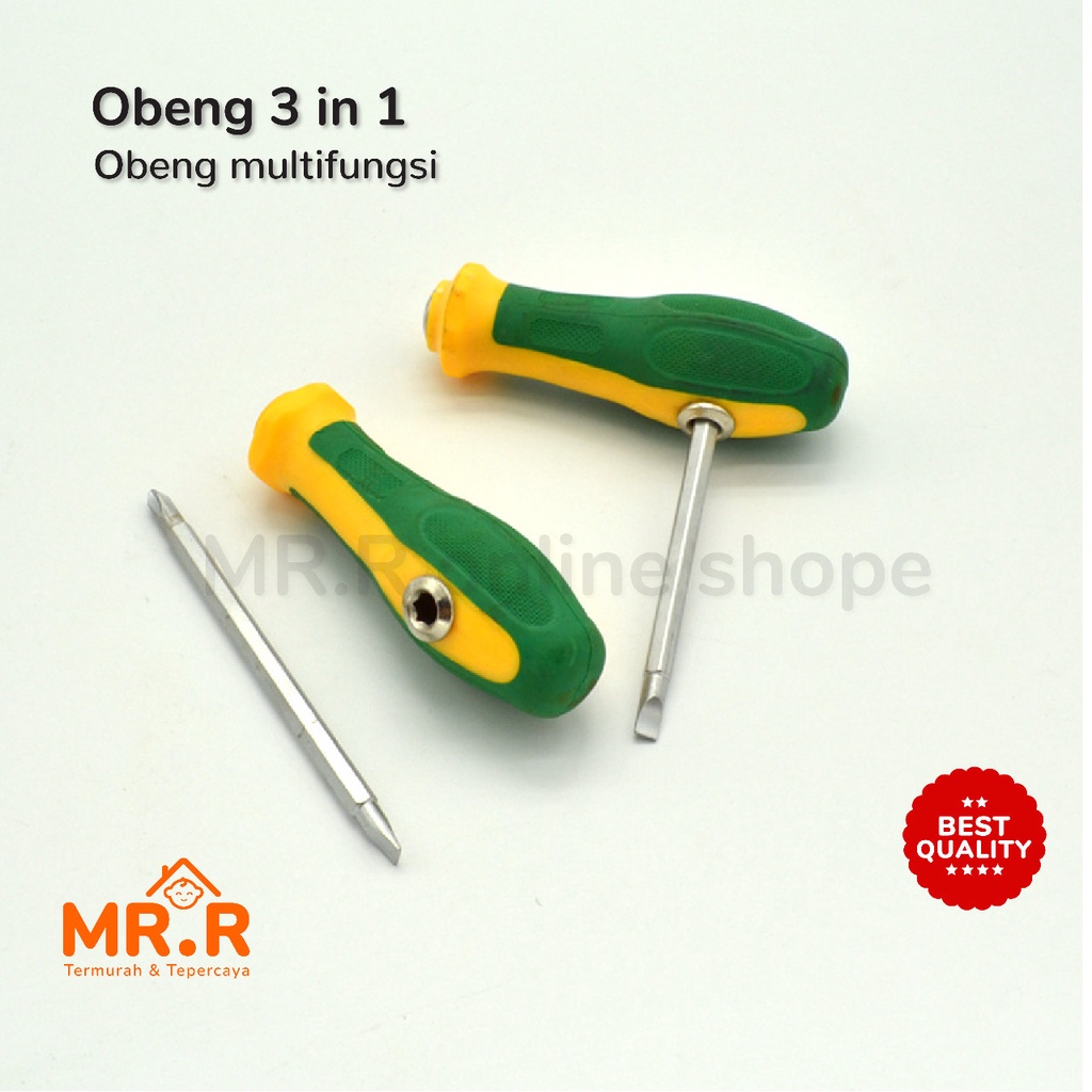 Obeng Bolak Balik Magnet 3 Way Obeng T  3 in 1 Gagang Karet Obeng Panjang 4 inch