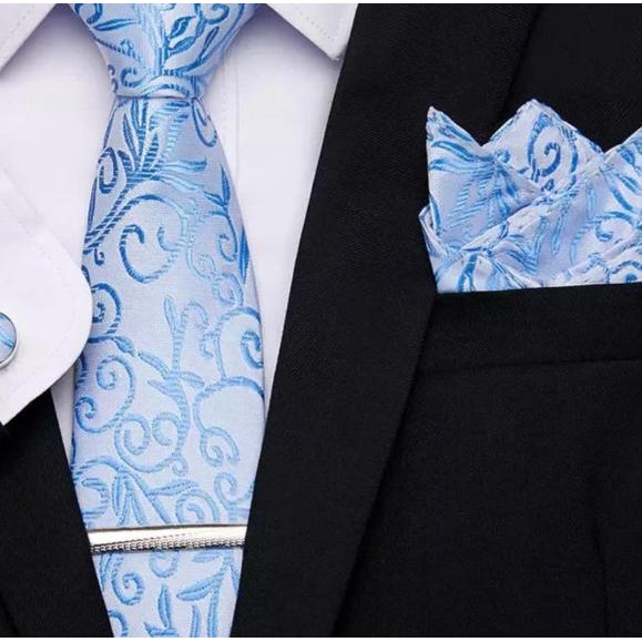 Gift set biru muda sky blue batik lengkap dasi panjang pocket square