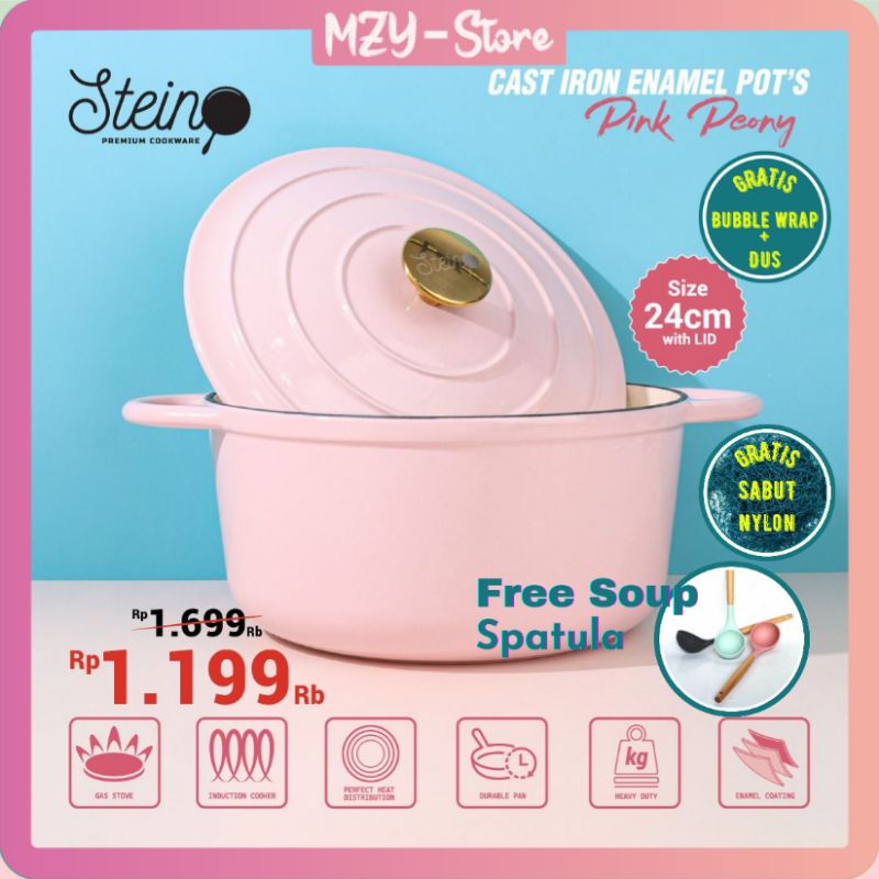 (Free Soup Spatula + Nylon) Stein Cast Iron Enamel Pot Pink Peony Steincookware Panci Pot 24 Cm Enamel Pink Peony