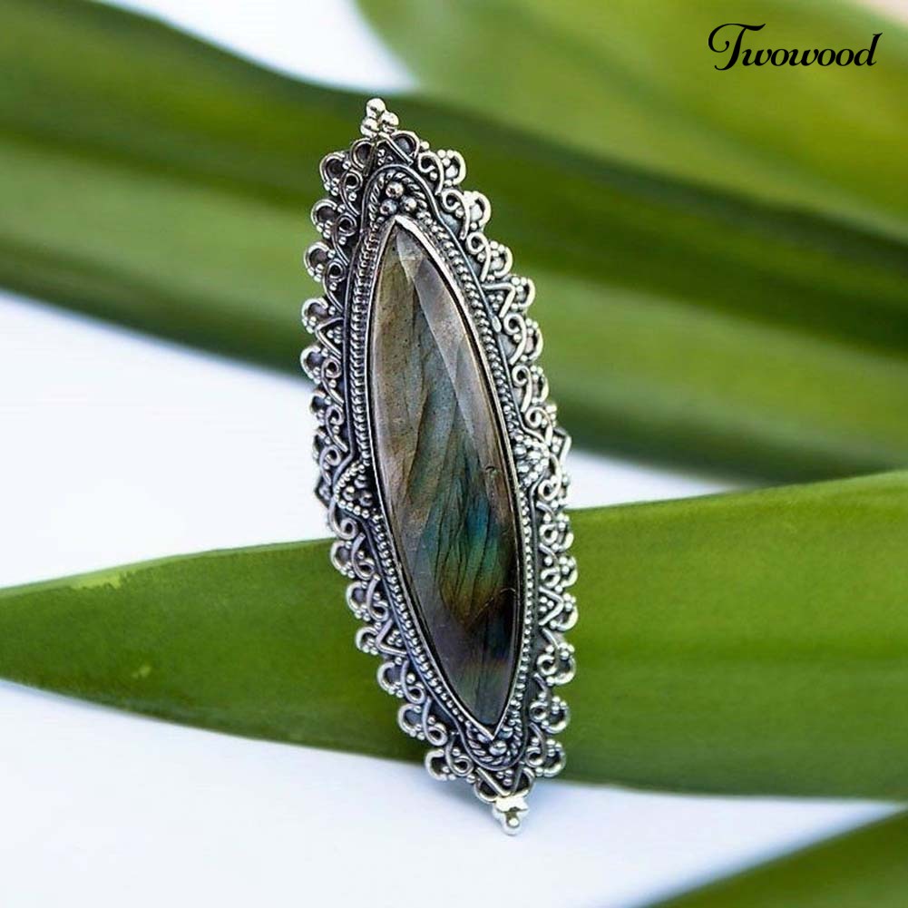 Cincin Marquise Cut Hias Batu Labradorite Imitasi Gaya Retro Untuk Wanita