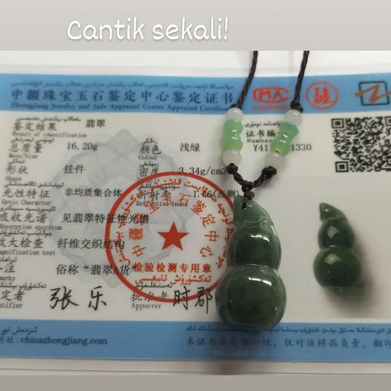 Liontin Giok Holo/ Labu Cina Premium Hijau Bersertifikat Grade A (1330)