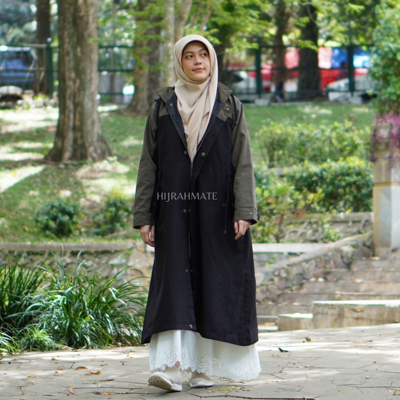 Hijrahmate - Jaket Parka Muslimah Raaya Jaket Hijaber Two Tone dg Hoodie & Saku Rahasia (Desain 6 sa