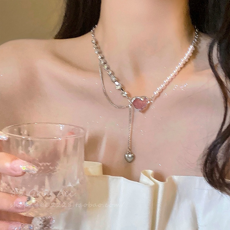 Kalung Rantai Choker Liontin Hati Kristal Permata Y2K Warna Silver Untuk Wanita