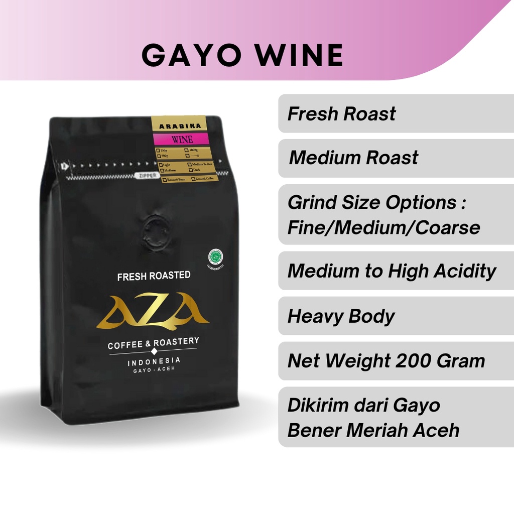 

Aza Coffee Kopi Arabika Aceh Gayo Wine 200g Bubuk Single Origin Coffe Powder Biji Roasted Beans